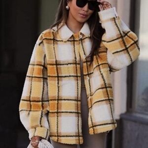 Sincerely Jules X Bandier Jacket Shacket Large Yellow Plaid Sherpa Oversized NEW